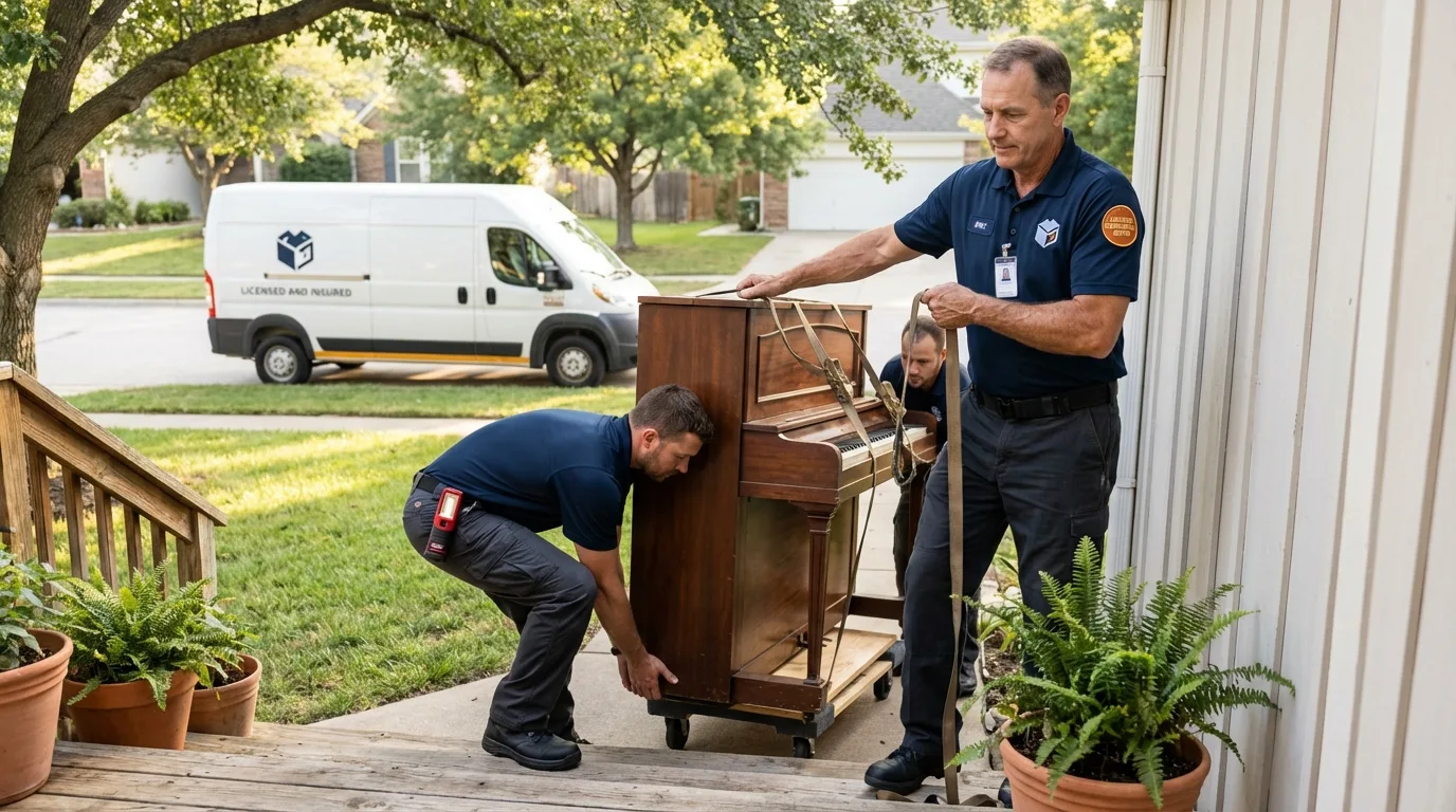 Licensed piano movers securing grand piano in Ashtabula, OH