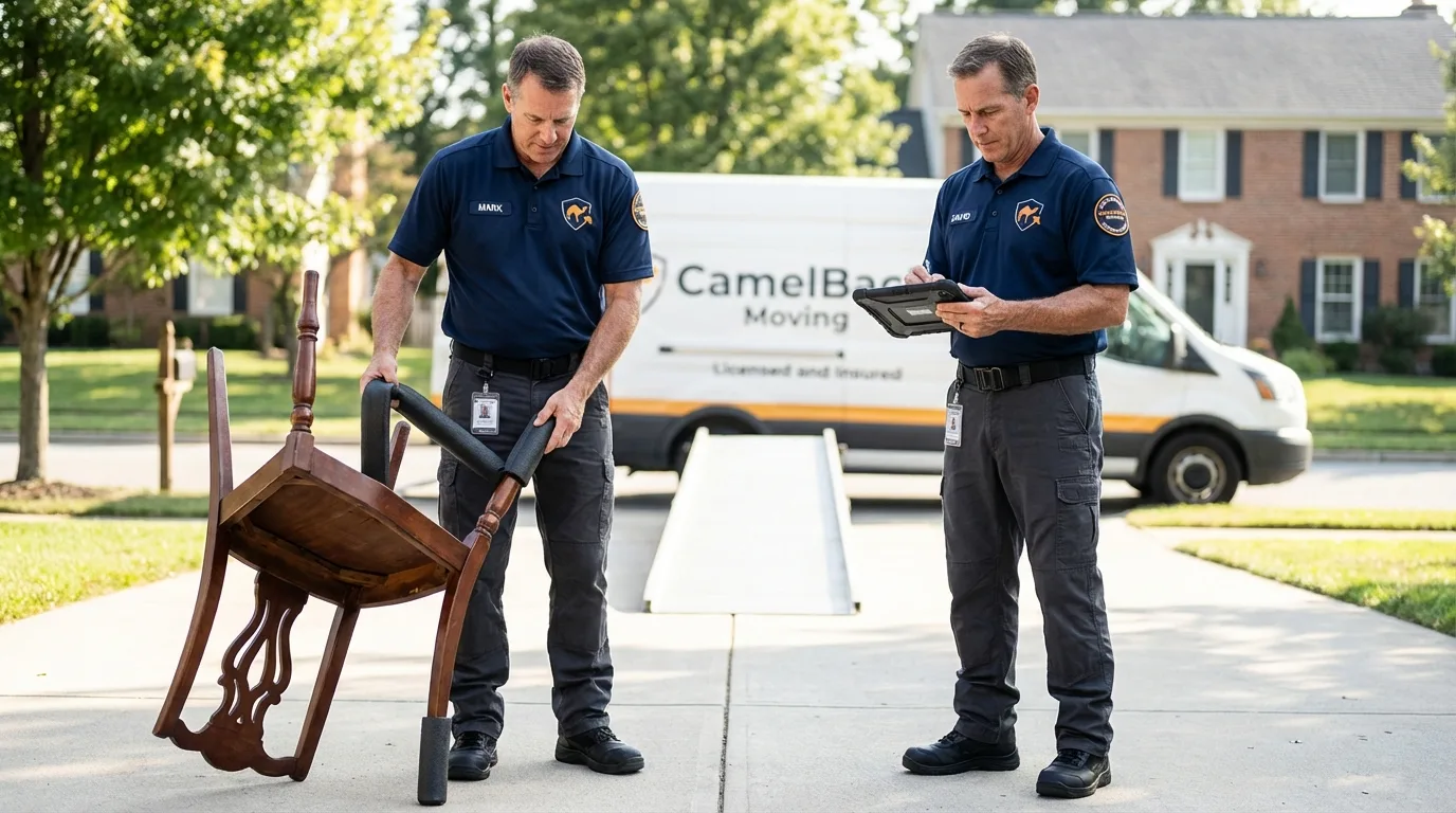 Movers inspecting furniture for damage prevention before loading in Ashtabula, OH